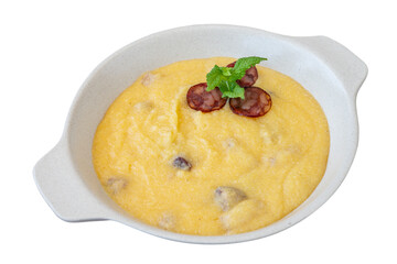 Xerem or xarem is a typical Portuguese dish, a porridge made from corn flour. Plate with white background.