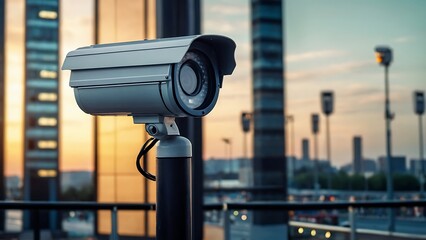 Close up of CCTV camera over defocused background  on the city street with copy space