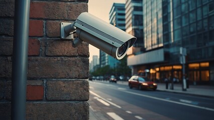 Close up of CCTV camera over defocused background  on the city street with copy space