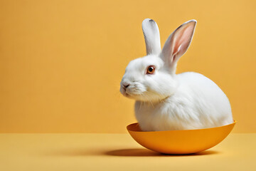 Fototapeta na wymiar an orange background with a white rabbit's head sticking out of the top of a yellow egg on the floor