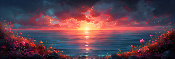 Painting of Sun Setting over Body of Water, unset over the ocean