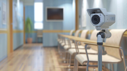 An AIenabled camera positioned in front of a patients chair capturing nonverbal cues and gestures during a telepsychiatry session for sentiment analysis.
