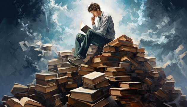 man reading book while sitting on pile of book