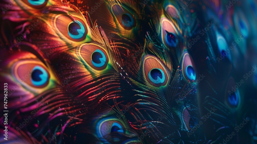 Poster opulent peacock feathers arranged in a mesmerizing array of jewel tones against a backdrop of midnig