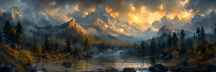 Foto op Canvas Breathtaking nature photos that capture the beauty of the natural world, View of Mountain Range with River in Foreground © Xaphar
