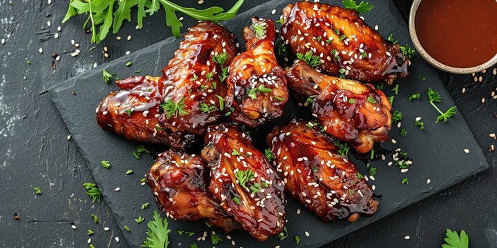 Chicken in sweet and sour sauce, barbecue sauce, background, fast food, Asian cuisine, wallpaper.