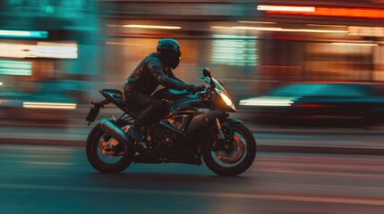 Motorbike rider drive very fast. Cool motorcyclist ride motor bike. Blur city background. Fast...