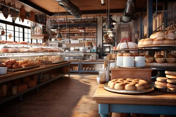 Gordijnen Bakery shop, bread, bake and bakery. Breads in basket, baguette, loaf, long loaf, food and meal © artsterdam
