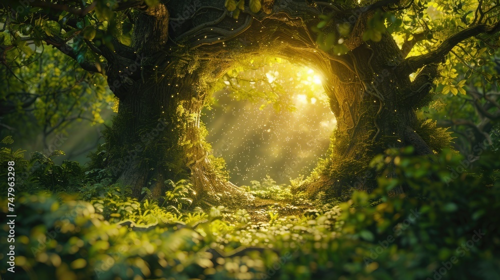 Poster a fantasy tree with a hollow trunk serving as a gateway to another dimension, set in a lush, ancient