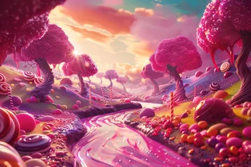 Poster A fantastical landscape where a river of glossy, flowing chocolate winds through a land of candy trees with leaves of various sweets and lollipops.  © Muhammad