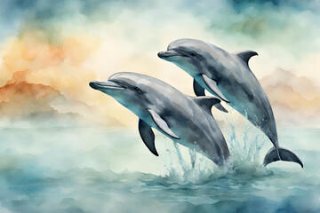 watercolor style painting of dolphins - obrazy, fototapety, plakaty