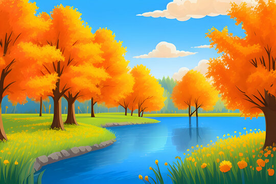 Beautiful and Peaceful Nature Scenery Illustration, Landscape, Countryside, Tranquil, Vibrant and Colorful © Imejing