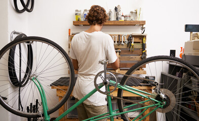 Mechanic, bicycle and garage with tools to service for maintenance, fixing and startup business....