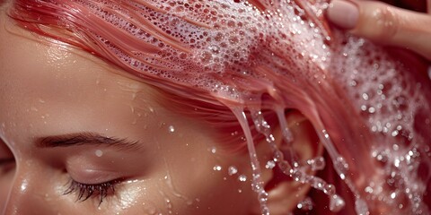 Hairdresser rinsing dye from clients hair in salon closeup beauty treatment. Concept Beauty treatment, Hair dye, Salon, Hairdresser, Closeup - obrazy, fototapety, plakaty