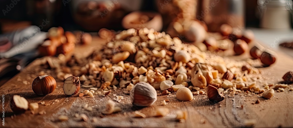 Poster a close up shot of a wooden cutting board filled with chopped hazelnuts. the nuts are spread out eve