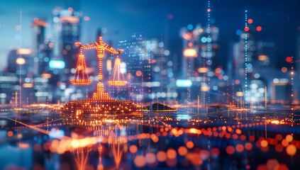 Fototapeta premium City Night View with Blurred Lights and Skyline, Urban Landscape and Illuminated Towers