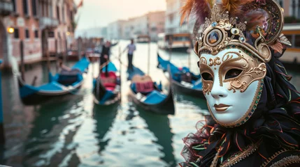 Wandcirkels tuinposter Person wearing a Venetian jester mask in foreground with iconic canal view, symbolizing Venice tourism and culture. © henjon