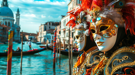 Person wearing a Venetian jester mask in foreground with iconic canal view, symbolizing Venice tourism and culture.