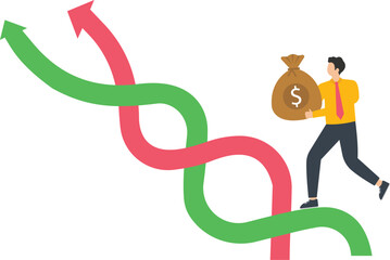 Businessman holding money bag and running upward along the red and white intertwined arrows concept,
