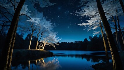 white trees of life or meditation relaxation concept with glowing golden fireflies in mystical fantasy abstract blue night sky showered by moonlight over river lake as wide banner