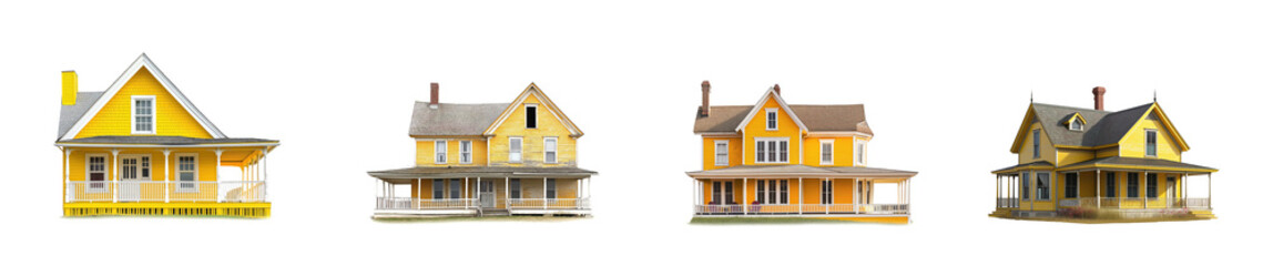Old yellow wood house collection isolated on a white background. Antique vintage house set. Wooden two story house with porch. Victorian, Edwardian, historical. Abandoned mansion. Rural house.