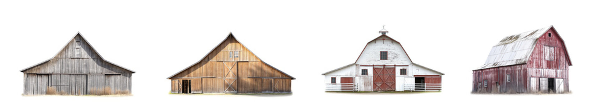 Old ranch barn set isolated on a white background. Collection of farm barns. Ranch barns. Rural barn. Wooden barn. Made of wood. Abandoned and old. Various styles of farm barns made of wood.