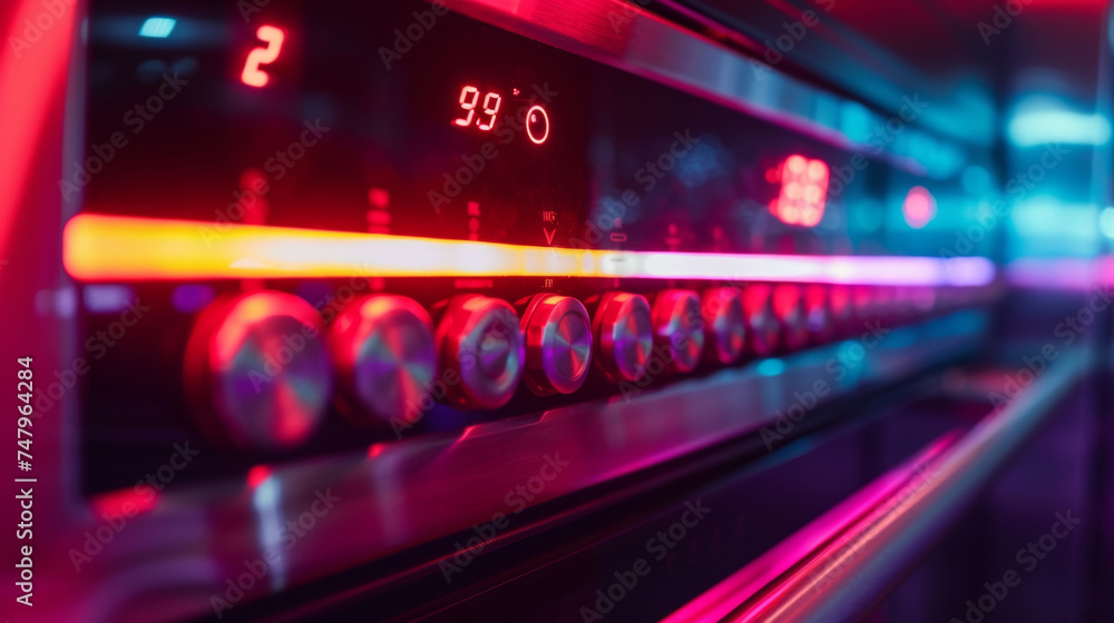 Poster a closeup of the control panel on a convection oven with various cooking options and temperature set