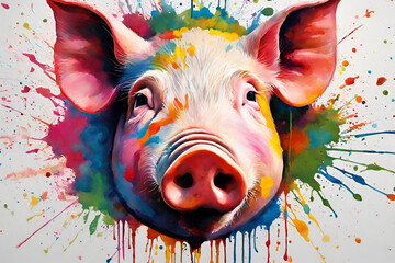 a painting of a pig's face with colorful paint splatters on the side of the pig's face