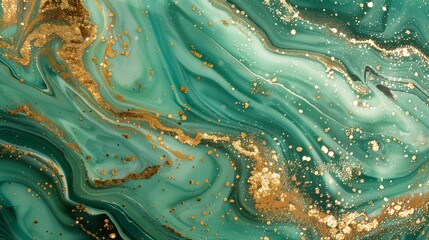 Elegant swirls of emerald and gold creating an opulent dance of color and texture - obrazy, fototapety, plakaty