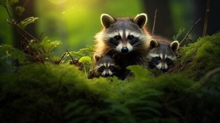 Raccoon family in forest habitat with blurred background for wildlife enthusiasts