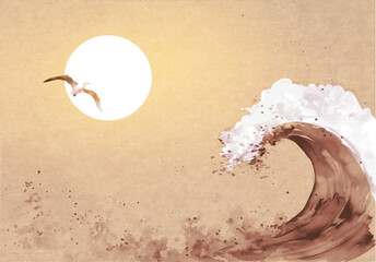 Seagull flying over a stylized wave and big sun on background.Traditional oriental ink painting sumi-e, u-sin, go-hua on vintage background - 747964467