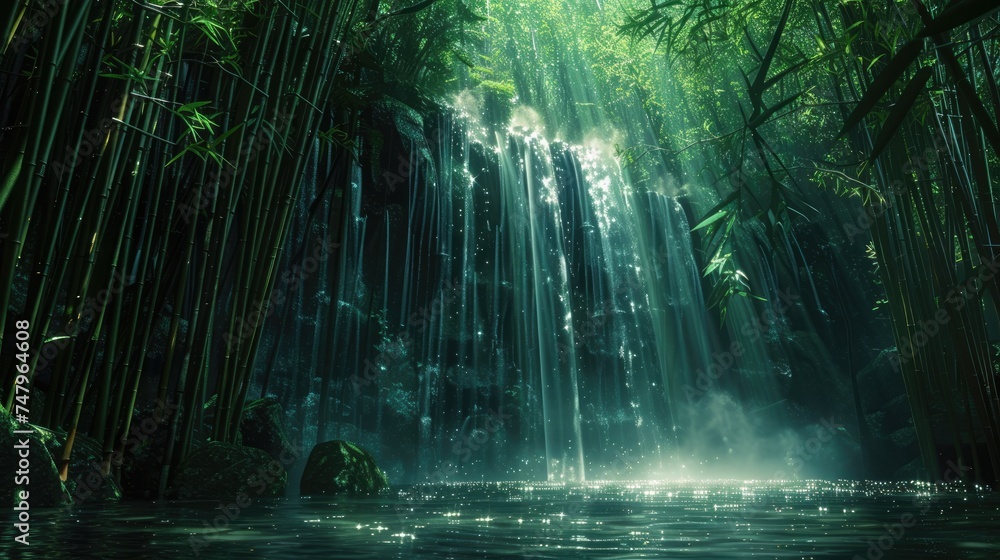 Aufkleber a hidden waterfall within a bamboo forest, with sunlight filtering through the bamboo, creating patt