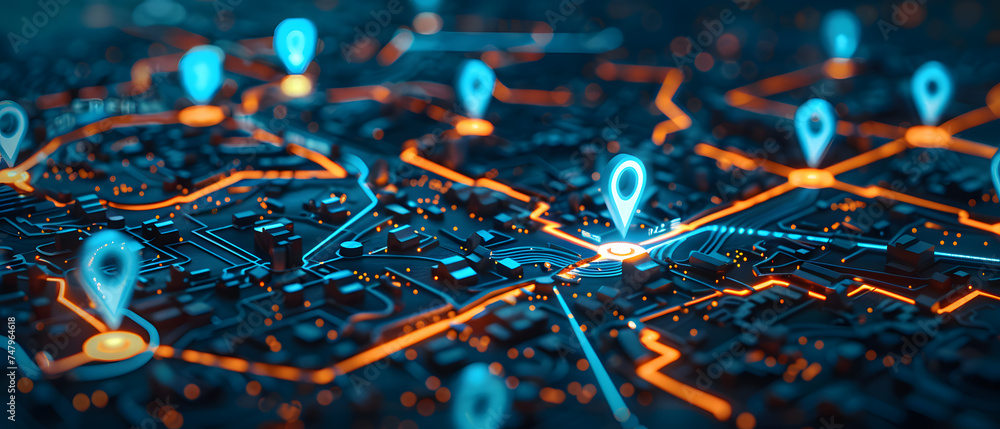 Poster drop point on electronic circuit board technology: computer chip hardware with blue design