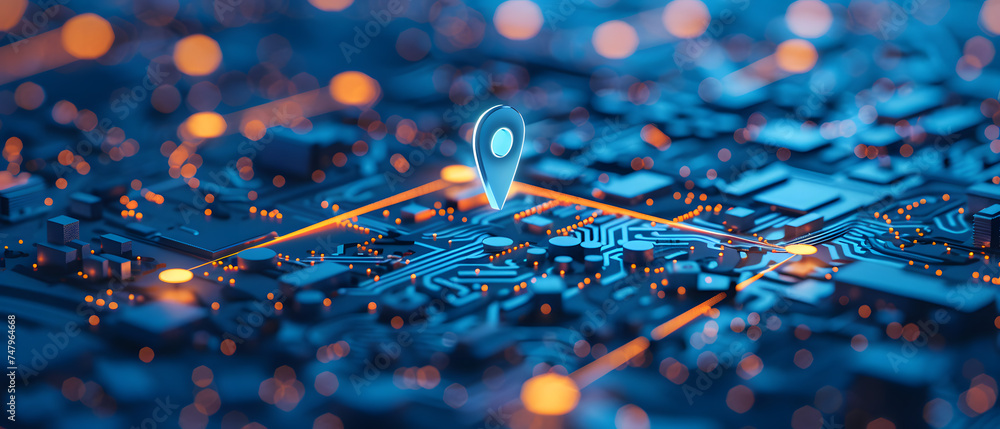 Poster drop point on electronic circuit board technology: computer chip hardware with blue design