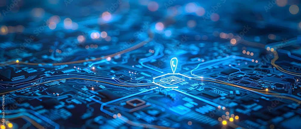 Poster drop point on electronic circuit board technology: computer chip hardware with blue design