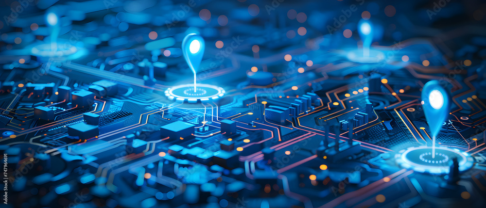 Poster drop point on electronic circuit board technology: computer chip hardware with blue design
