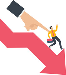 Strong hand violently pushes the little businessman down the arrow concept,
