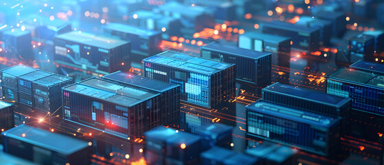 container yard on blue circuit board. Transportation with technology