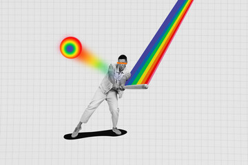 Creative photo artwork collage placard young sportive guy bandit hate lgbt community kick ball with...