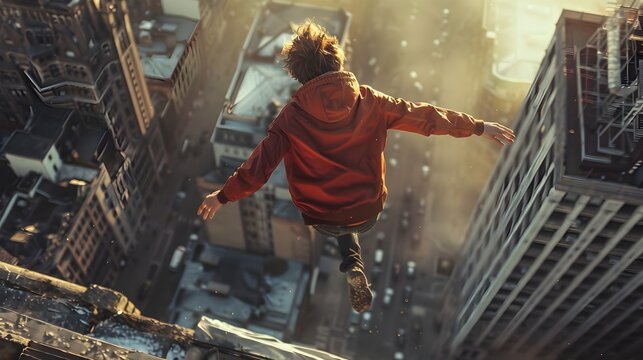 Man Leaps jumping from Tall Building in Cityscape