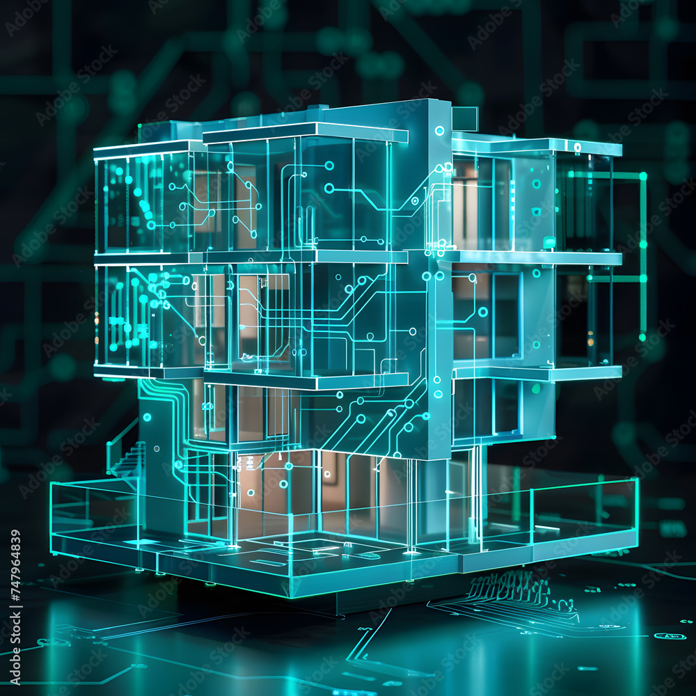 Poster 3d rendering of a house made of electronic circuits on a dark background