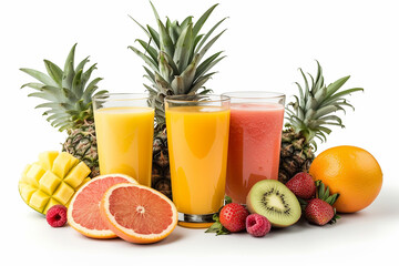 Isolated drinks. Glasses of fresh citrus juices (orange, strawberry, mango, pineapple) and cut fruits isolated on white background