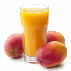 mango juice in a glass with ripe mangos on white background