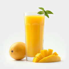 mango juice in a glass with ripe mangos on white background