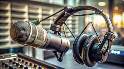 Professional microphone and headphones at the radio station, entertainment and communication concept