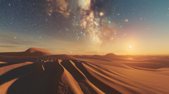 A high-definition image capturing the moment a bright sphere of light hovers above a desert, casting long shadows over the dunes under a clear, star-filled sky. 8k