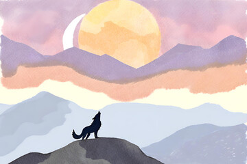 Fierce wolf howling at the moon, sunrise, sunset, with mountains and landscape in the background