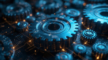 A series of interconnected gears in motion each representing a different step in the funding process from initial pitch to due diligence to deal closing. Around the gears - obrazy, fototapety, plakaty