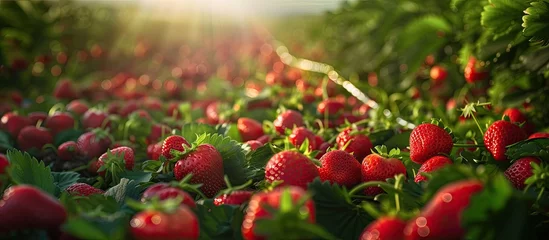 Foto op Plexiglas A vast field is filled with ripe strawberries glistening under the sun. The red berries stand out against the green leaves, creating a vibrant landscape. © 2rogan