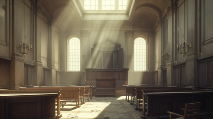 A majestic historical courtroom is bathed in the ethereal light streaming through its tall windows, highlighting the solemnity and grandeur of the judicial system. - obrazy, fototapety, plakaty
